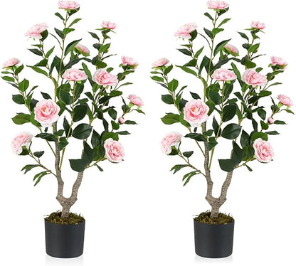 GOFLAME 3FT Artificial Camellia Tree, 2 Pack Faux Camellia Plant with Pink Flowers, Solid Wood Trunk, Realistic Moss, Greenery Potted Decoration Tree for Indoor Outdoor Home Porch Front Door