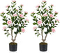 GOFLAME 3FT Artificial Camellia Tree, 2 Pack Faux Camellia Plant with Pink Flowers, Solid Wood Trunk, Realistic Moss, Greenery Potted Decoration Tree for Indoor Outdoor Home Porch Front Door