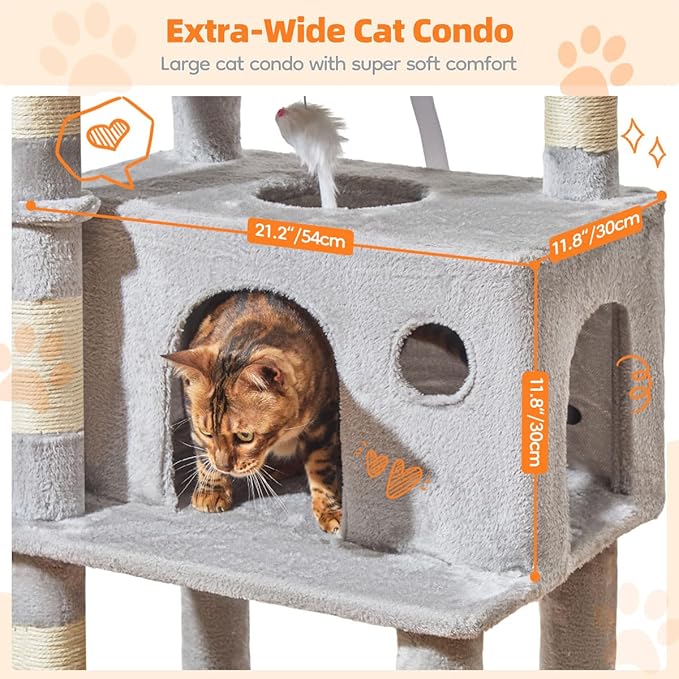 Taoqimiao Large Cat Tree，73-Inch Cat Tree Tower with 9 Scratching Posts for Indoor Cats, 2 Large Cat Condo with Hammock, Hanging Basket, 2 Extended Platform, Light Gray MS013XLW-Mewly Pet