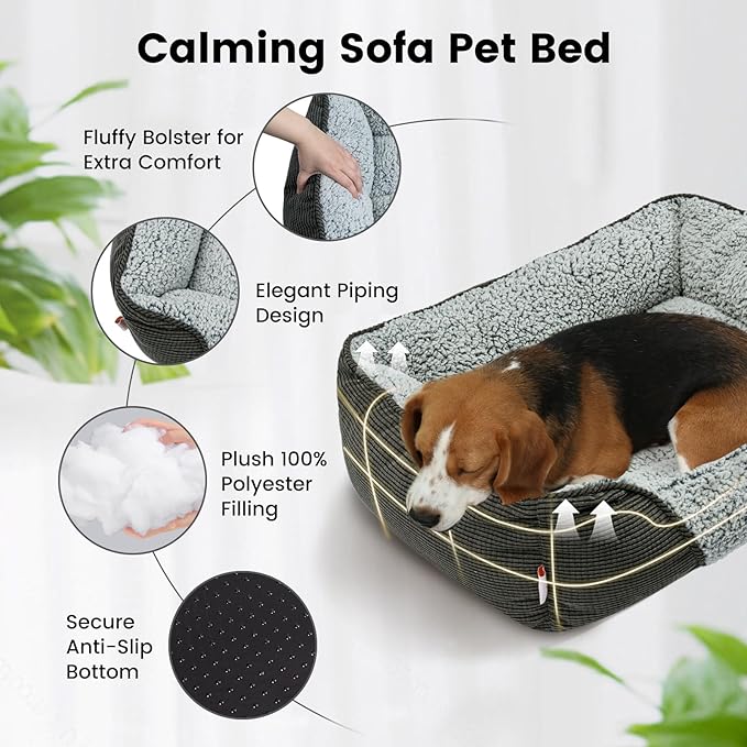 Miguel Washable Cat Beds for Indoor Cats with Removable Cushion, Easy to Wash Small Pet Sofa Bed with Side, Rectangle Bolster Kitten Bed Calming Cuddle Puppy Bed with Anti-Slip Bottom, Gray 20 Inch-Mewly Pet