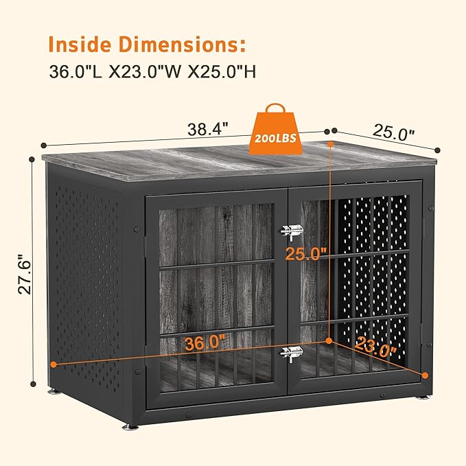 38" Heavy Duty Dog Crate Furniture for Large and Medium Dogs,Wooden Metal Kennel for High Anxiety Dogs, Chew Proof Cage Indoor, Decorative Kennel End Table-Mewly Pet