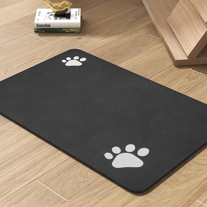 Pet Feeding Mat-Absorbent Dog Mat for Food and Water Bowl-No Stains Quick Dry Water Dispenser Mat-Dog Accessories Pet Supplies-Bowl for Messy Drinkers（Black,12"x19"-Mewly Pet
