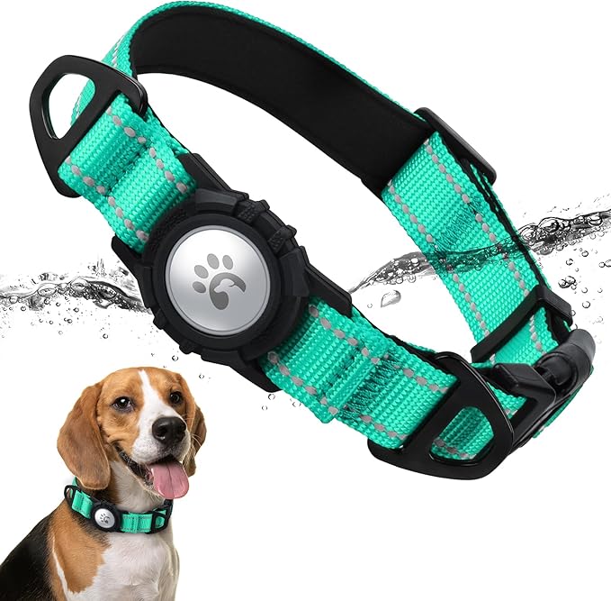 TagME Airtag Dog Collar,Waterproof Reflective Pet Collar with Airtag Holder,Soft Padded and Double D-Rings for Medium Dogs,Turquoise-Mewly Pet