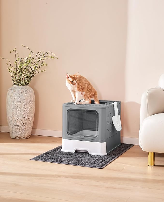 Cat Litter Box with X-Large Litter Mat and Scoop, Large Foldable Litter Box with Lid, Enclosed Kitty Box,Front Top Entry Exit, Odor Control Easy to Clean (Upgrade Dark Grey)-Mewly Pet