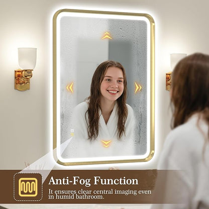 S'bagno 32X24 Gold LED Mirror for Bathroom with Frontlit & Backlit, LED Bathroom Mirror with Metal Frame, Anti-Fog, Stepless Dimmable, 3 Colors Temperature LED Vanity Mirror(Horizontal/Vertical)
