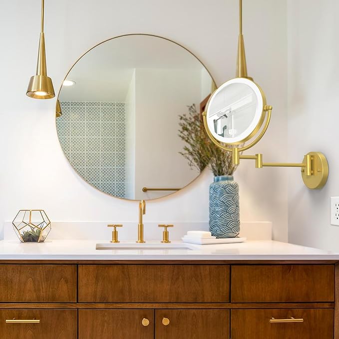 Make up Mirror Wall Mounted Lighted 10X Magnifying Hard Wired, Double Sides 3 Color Lighting Touch Dimming 360 Swivel Extended Arm Shaving Mirror for Bathroom, Brushed Gold