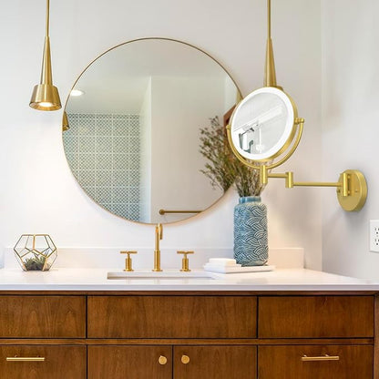 Make up Mirror Wall Mounted Lighted 10X Magnifying Hard Wired, Double Sides 3 Color Lighting Touch Dimming 360 Swivel Extended Arm Shaving Mirror for Bathroom, Brushed Gold