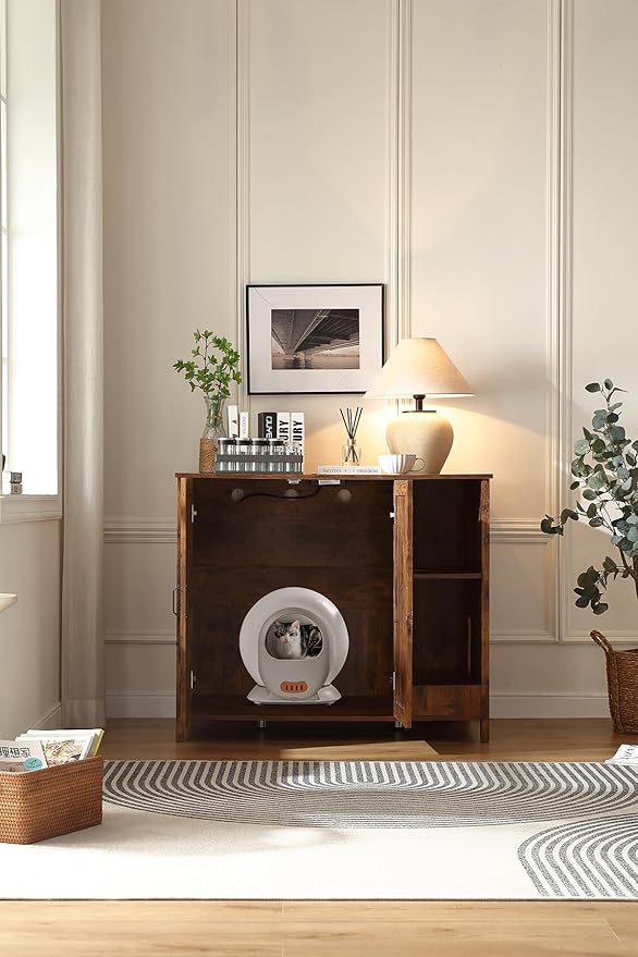 Cat Litter Robot Enclosure,for Placing Litter Robot 3/4,Power Outlet and Dog-Proof Shelf for Litter Robot Cabinet,Litter Collector for Automatic Litter Box Enclosure,Rustic Brown-Mewly Pet