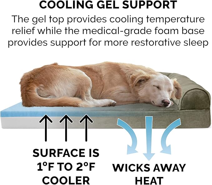 Furhaven Cooling Gel Dog Bed for Medium/Small Dogs w/ Removable Bolsters & Washable Cover, For Dogs Up to 35 lbs - Faux Fur & Velvet Sofa - Dark Sage, Medium-Mewly Pet