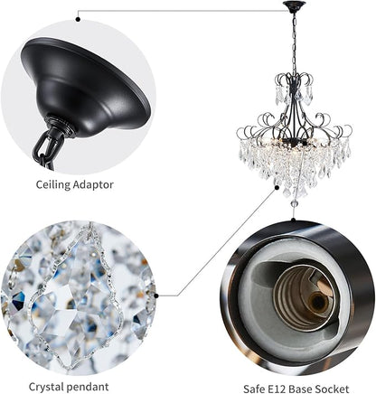 WUZUPS Crystal Chandelier 10-Light Pendant Ceiling Light Modern Lighting Fixture for Dining Room Hallway Bedroom Kitchen Bathroom, H 27.6" x W 22.8", E12 Base, Black