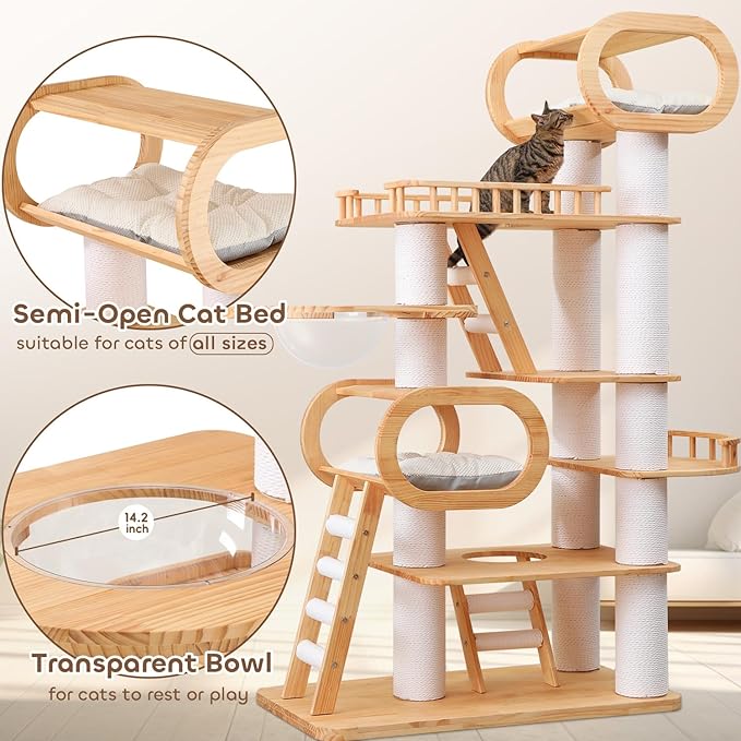 76.8'' Tall Modern Large Cat Tree,Multi-Level Wood Cat Tower for Indoor Cats Large Adults,Luxury Heavy Duty Cat Condo with Cushion,Scratching Posts,Clear Hammock Activity (76.8inch)-Mewly Pet