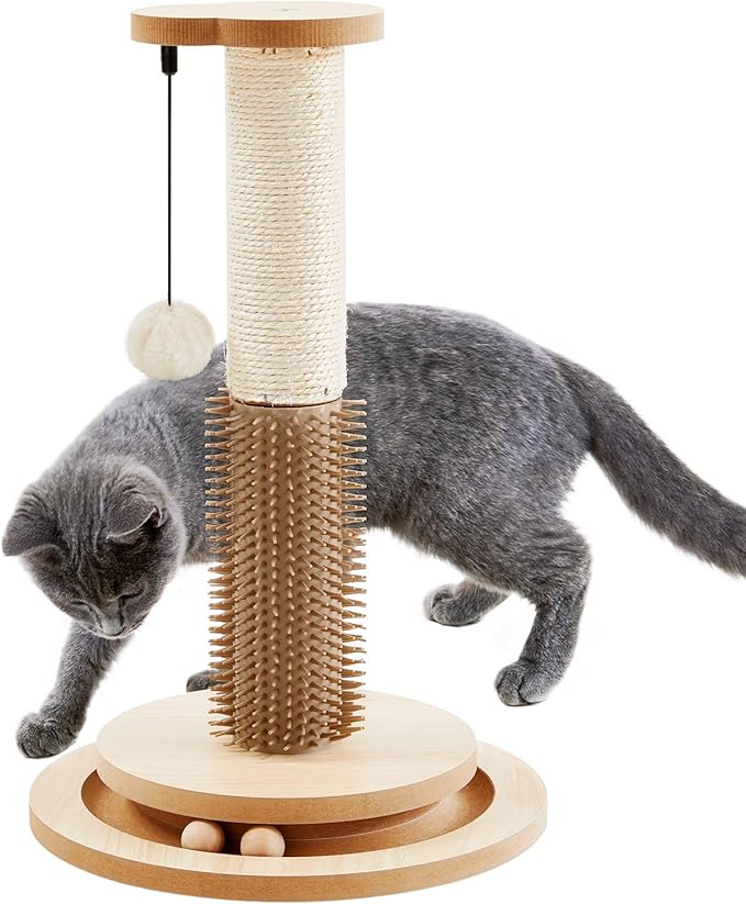 Made4Pets Cat Scratching Post 18" Tall for Small Kittens, 4-in-1 Cat Scratcher with Natural Sisal Ropes, Wooden Turntable Track Toy with Self Grooming Brush, Premium Scratch Pole with Plush Balls-Mewly Pet