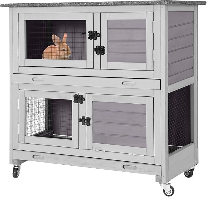 2 Story Rabbit Hutch Indoor Outdoor Rabbit Bunny House Guinea Pig Cage Wooden Pet House for Small Animals with 2 Large Rooms, Chewproof Ramp, Ventilation Door, Removable Trays (Grey)-Mewly Pet