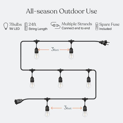 Brightech Ambience Pro LED String Lights - 24 Ft Commercial Grade Patio Lighting Outdoor Waterproof - 7 Heavy Duty Porch Lights for Outside, Christmas, Backyard - 1W Vintage Edison Bulbs, Dimmable