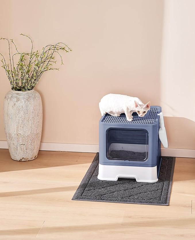 Cat Litter Box with X-Large Litter Mat and Scoop, Large Foldable Litter Box with Lid, Enclosed Kitty Box,Front Top Entry Exit, Odor Control Easy to Clean (Upgrade Midnight)-Mewly Pet
