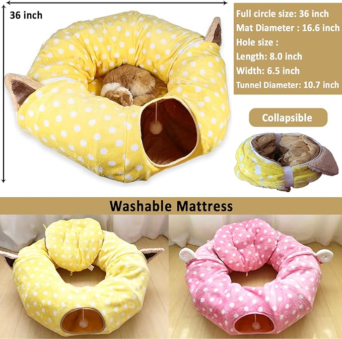 AUOON Cute Cat Donut Tunnel - Round Cat Tunnel Bed with Washable Cushion Interactive Cat Toy for Indoor Cats Kitten Kitty Puppy Rabbit Ferret (Yellow)-Mewly Pet
