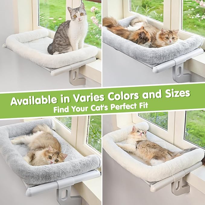 Cat Window Sill Perch with Large Bolster, Easy to Adjust & Assemble Cat Window Seat for Windowsill & Bedside, Pet Hammock Bed for Large Cats and Kittens (Grey, L)-Mewly Pet