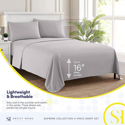 RV Queen Bed Sheets - Breathable Luxury Sheets with Full Elastic & Secure Corner Straps Built In - 1800 Supreme Collection Extra Soft Deep Pocket Bedding Set, Sheet Set, RV Short Queen, Silver