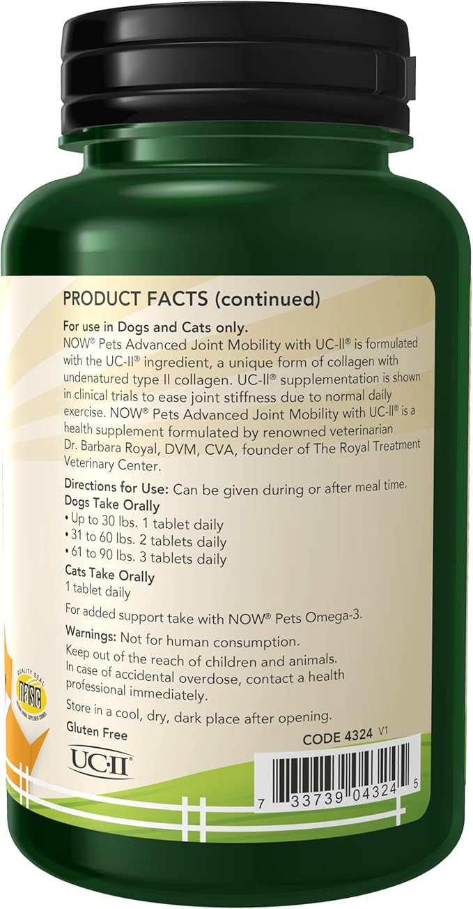 NOW Foods® Pets, UC-II® Advanced Joint Mobility for Dogs and Cats, Veterinarian formulated, Help Maintain Cartilage and Connective Tissue*, 60 Chewable Tablets (60 Grams)-Mewly Pet