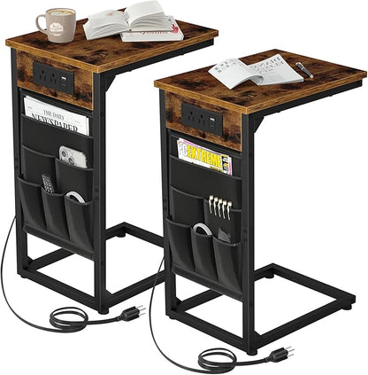 AMHANCIBLE C Shaped End Table with Charging Station, TV Tray Set of 2, Couch Tables with Storage Bag, Slide Under Sofa Side Table with USB Ports and Outlets for Living Room, Rustic Brown HET04CBR