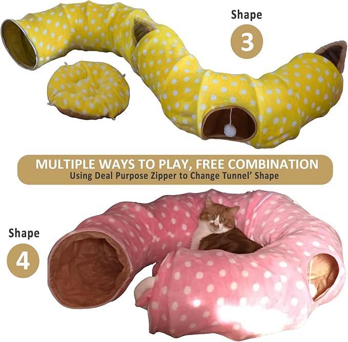 AUOON Cute Cat Donut Tunnel - Round Cat Tunnel Bed with Washable Cushion Interactive Cat Toy for Indoor Cats Kitten Kitty Puppy Rabbit Ferret (Yellow)-Mewly Pet