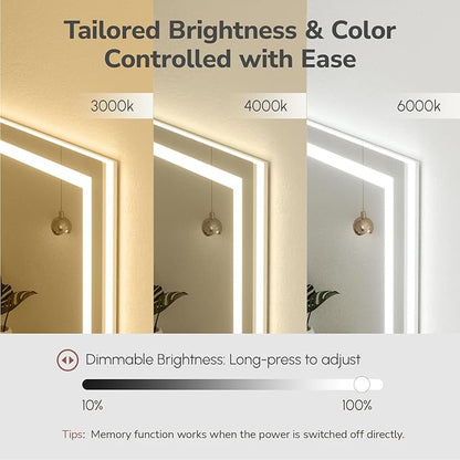 USHOWER LED Bathroom Mirror 40x32 Inch with Lights - Frameless Tempered Glass LED Backlit Lighted Mirror for Bathroom Vanity with Anti-Fog, 3 Colors Dimmable, Memory Function, Wall-Mounted