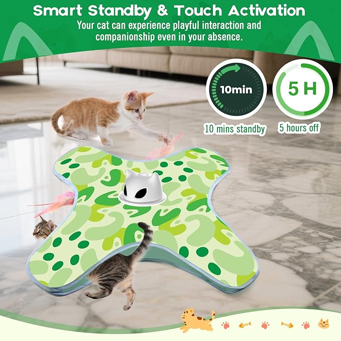 VIWIK Interactive Cat Toys for Indoor Cats, Hide and Seek Moving Feather Toy for Bored Adult Cats with Suction Cup & Cover, Automatic Kitten Wand Toy, Cat Enrichment Toys for All Breeds Green-Mewly Pet