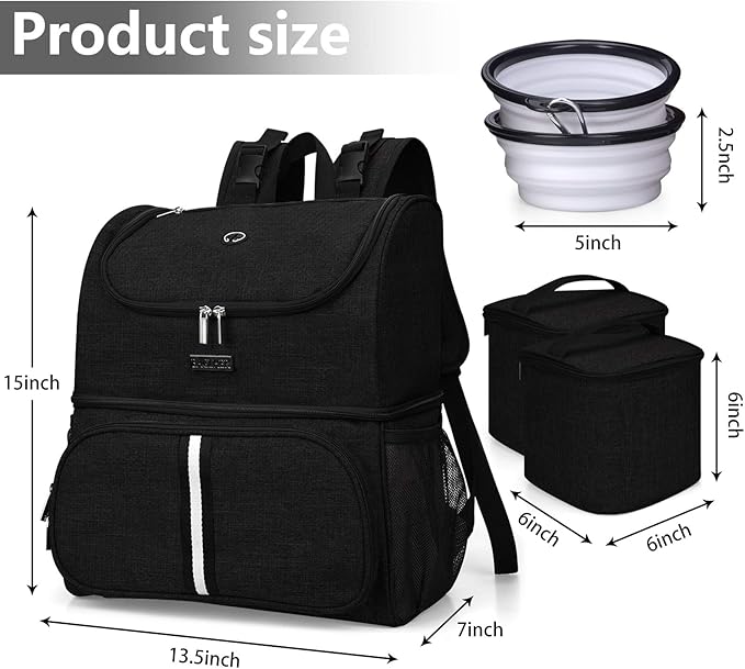 BAGLHER Pet Travel Bag, Double-Layer Pet Supplies Backpack (for All Pet Travel Supplies), Pet Travel Backpack with 2 Silicone Collapsible Bowls and 2 Food Baskets Black-Mewly Pet