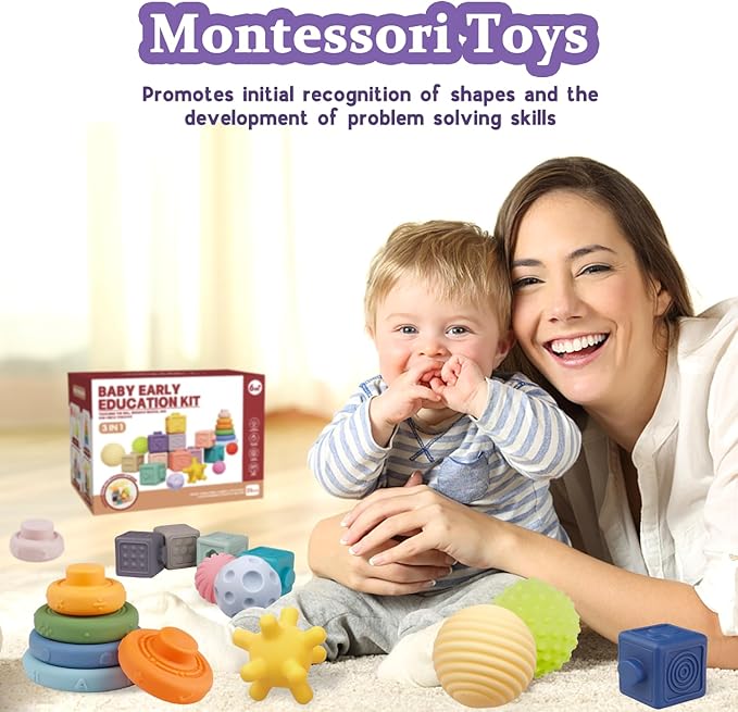 Montessori Toys for Babies,Soft Stacking Building Blocks Rings Balls Sets,3 in 1 Baby Toy Bundle,Sensory Toy for 6-12 Months, Soft Teething Toys for Babies,Baby Gifts for Boy Girl-Mewly Pet