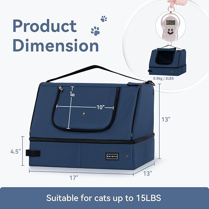 PETSFIT Travel Litter Box for Cats - Removable 2-Layer Leak-Proof Lining, Scratch-Resistant Fabric with Sturdy Support Frame, Cat Collapsible & Travel Litter Box Navy Blue-Mewly Pet