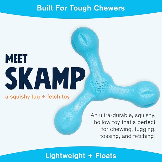 WEST PAW Zogoflex Air Skamp Tug-of-War Stick Dog Chew Toy – Hollow, Squishy Interactive Toy for Dogs, Puppies – for Chewing, Catch, Carry, Fetch, Dishwasher Safe, Latex-Free, Large 8.5", Aqua Blue-Mewly Pet