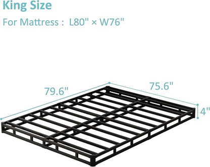 King Box Spring Bed Base 4 inch, Low Profile Metal Box Spring King with Fabric Cover, 3000 Lbs Max Weight Capacity Mattress Foundation, Noise-Free, Easy Assembly