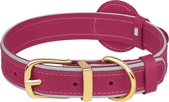 OOPSDOGGY Reflective Geniune Leather Airtag Dog Collar Soft Padded Collars for Small Medium Large Breed Dogs Puppy, 4 Sizes, 7 Colors (Pink, XLarge, 19"-24")-Mewly Pet