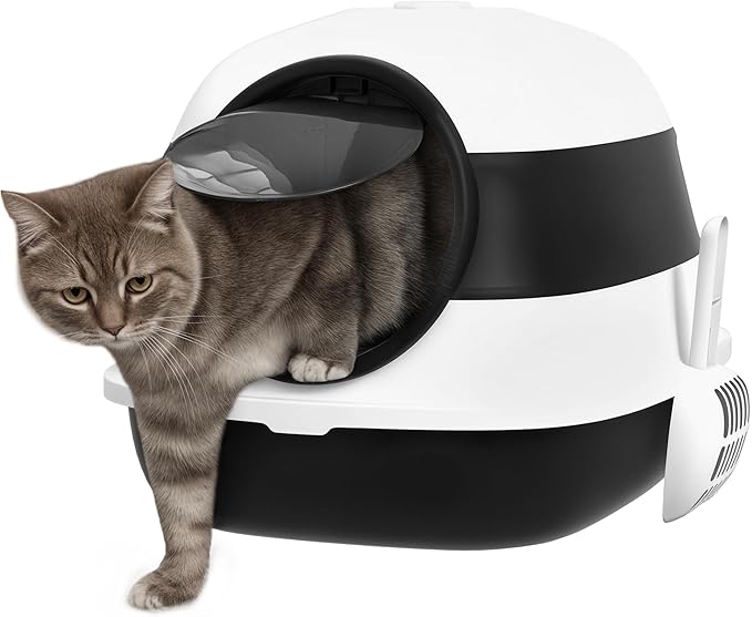PawHut Cat Litter Box - Covered, High Sides, Air Freshener, Two-Way Entrance, Foldable, Easy Clean, White & Black-Mewly Pet