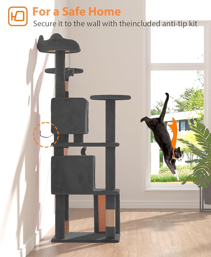 60" Cat Tree Tower for Indoor Cats Large Adult,Cute/Tall Modern Cat Tree for Big Cats 20 lbs, Plush Multi-Level Cat Condo with Scratching Posts,Dangling Ball (Smoky Gray, 60 inch)-Mewly Pet