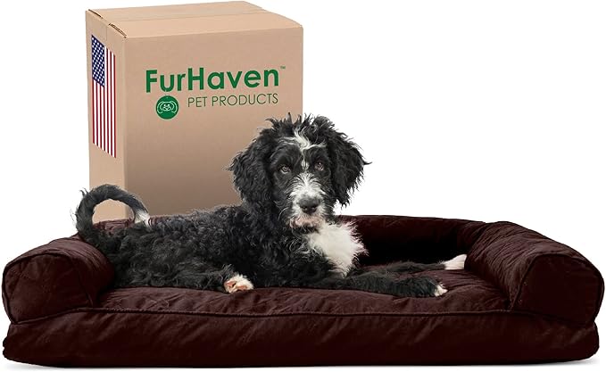 Furhaven Pillow Dog Bed for Large/Medium Dogs w/ Removable Bolsters & Washable Cover - Quilted Sofa - Coffee, Large-Mewly Pet
