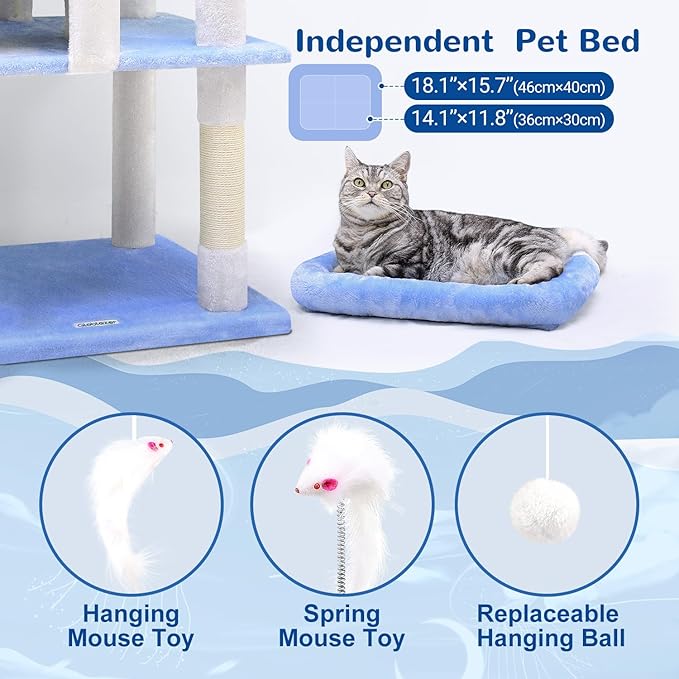 Globlazer Heavy Duty Cat Trees for Large Cats, Sturdy 72in Maine Coon Cat Tree for Large Cats 20 lbs+ Heavy Duty Cat Tower for Adult Biggest Cat with 6 Scratching Posts, Hammock, S72, Ocean Blue-Mewly Pet