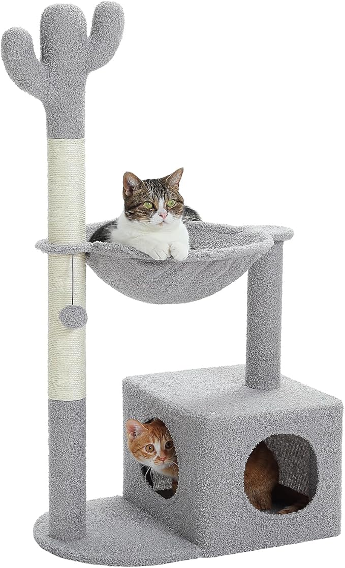 Cactus Cat Tree Cat Scratching Post 40" Cat Tower with Large Metal Carpet Hammock, Cat Scratching Post for Indoor Cats with Condo& Dangling Ball, Grey-Mewly Pet