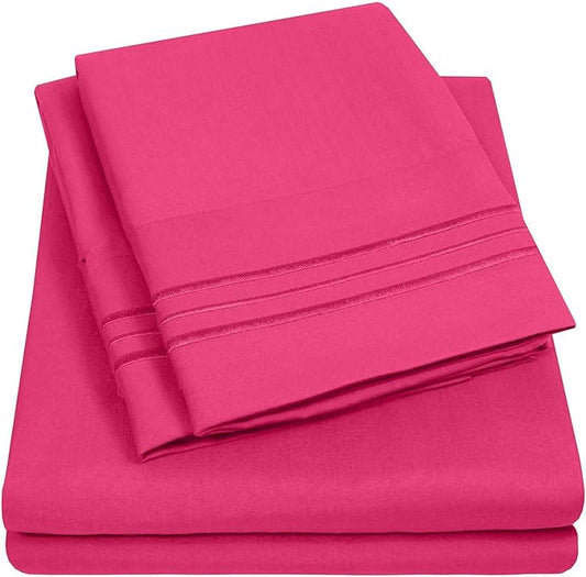 Sweet Home Collection Split King Size Size Sheet Set with Built-in Sheet Straps - Deep Pocket Fitted Sheet, Flat Sheet & Pillowcases - Soft, Wrinkle-Free, Secure Fit - Fuschia