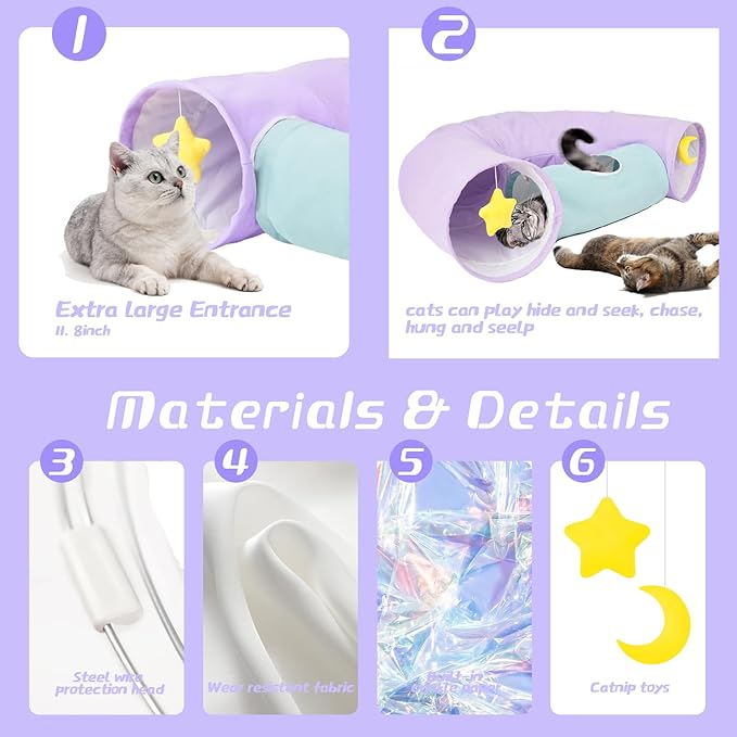 Cat Tunnel, Large Indoor Durable Collapsible Interactive Cat Tube with Peek-A-Boo Hole, Hanging Toys, and Crinkly Paper Lining - Cute Tunnel for Cats, Kittens, Puppies & Rabbits, Purple-Mewly Pet