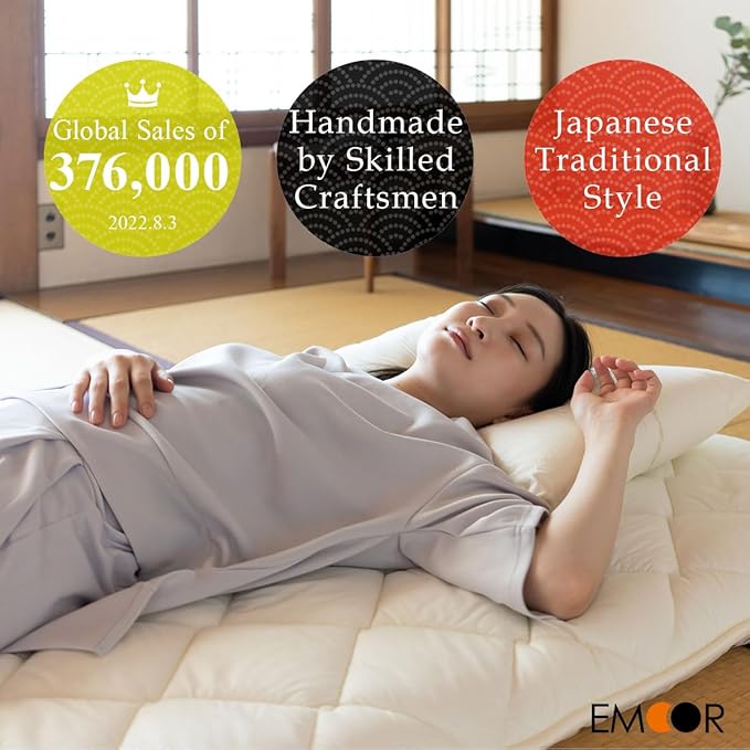 EMOOR Japanese Futon Mattress CLASSE & Fitted Sheet PRESSO Full Made in Japan, Cotton (Gray) Foldable Floor Sleeping Bed Tatami Mat