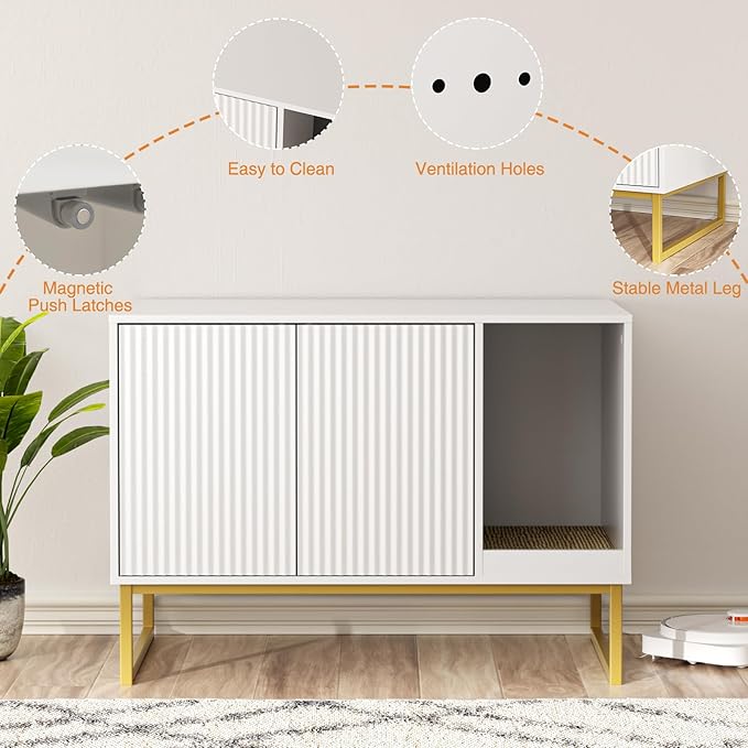Cat Litter Box Enclosure, Fluted Hidden Litter Box Furniture with Scratch Pad and Metal Legs, Modern Enclosed Cat Cabinet, 31.5 x 17.7 x 21.7 Inches Indoor Pet House for Living Room, Washroom, White-Mewly Pet