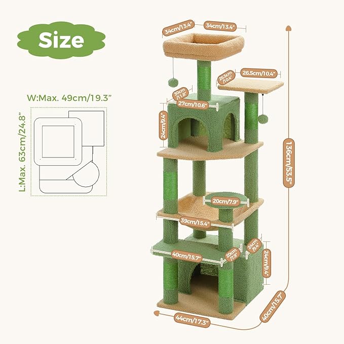 PAWZ Road Cat Tree, 53.5 Inches Tall Cat Tower with Spacious Hammocks, Condos and Scratching Posts, Cat House with Dual Padded Perches for Indoor Large Cats-Green-Mewly Pet