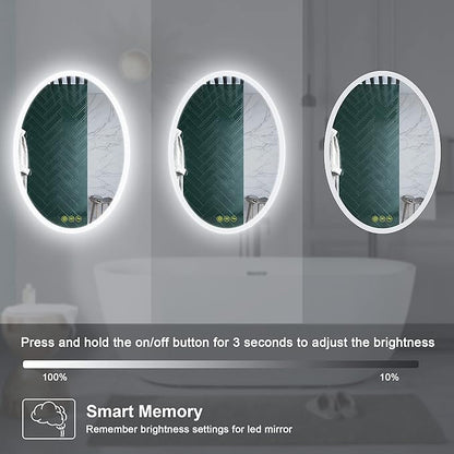 Wall-Mounted LED Oval Bathroom Mirror, Makeup Mirror (28 inches x 20 inches,) 3 Color Stepless Dimmable Memory Bathroom Vanity Mirror with Lights CRI90+ 3000-6400K Smart Mirror with Touch