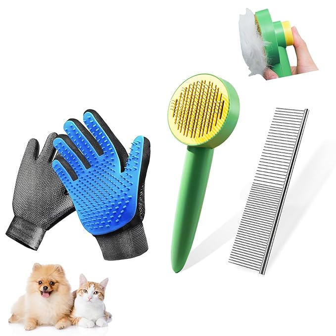 Dog & Cat Brush,Pet Grooming Kit 4PCS- Dog Brush for Shedding| A Pair Pet Hair Removal Gloves| Metal Comb for dog.Removes Undercoat, Loose Hair, Tangled, Dirt and Massages. All hair Types-Mewly Pet