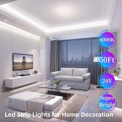 RadiantFlux White Led Strip Lights, Dimmable LED Lights Strip, 50Ft 900Leds, Super Bright LED Tape Lights for Living Room, Bedroom, Kitchen, Vanity Mirro,Flexible LED Light Strips for Indoor Use