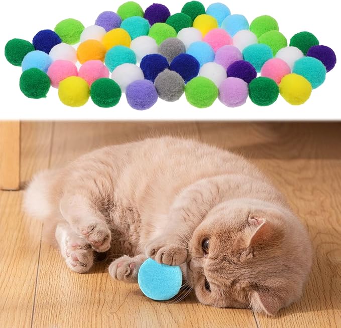 50 Picecs 1 Inch Cat Toys Balls Kitten Cat Pom Pom Balls Soft Cats Puff Ball Toys Rolling Interactive Fuzzy Cats Toy Ball Play Toy for Exercise, Creative Crafts Decorations Assorted Color-Mewly Pet