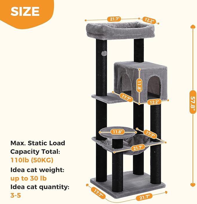 Large Cat Tree with Reinforced Scratching Posts (φ3.1in) for Big Adult Cats 30 lbs, 57.8" Heavy Duty Cat Tower with Larger Hammock and Condo, Cat Furniture for Maine Coon, Plush,Black-Mewly Pet