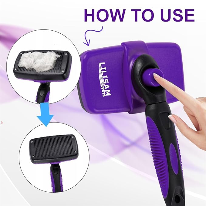 Pet Self Cleaning Slicker Brush and Grooming Comb - Gently Removes Loose Hair, Tangles, and Dirt - Skin Friendly Deshedding Grooming Tool for Hair Dogs & Cats - Pet Supplies Accessories (Purple)-Mewly Pet