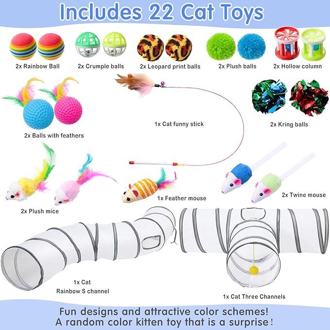 Wettarn 22 Pieces Cat Toys Set, with 2 Collapsible Tunnels for Indoor Cats and 20 Kitten Toys Tubes and Tunnels Interactive Feather Mouse Crinkle Balls for Pets Puppies(White)-Mewly Pet